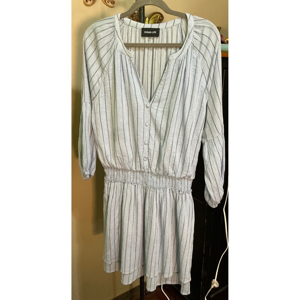 Sugar Lips Blue Pinstripe Smocked Waist V-Neck Mini Dress Large